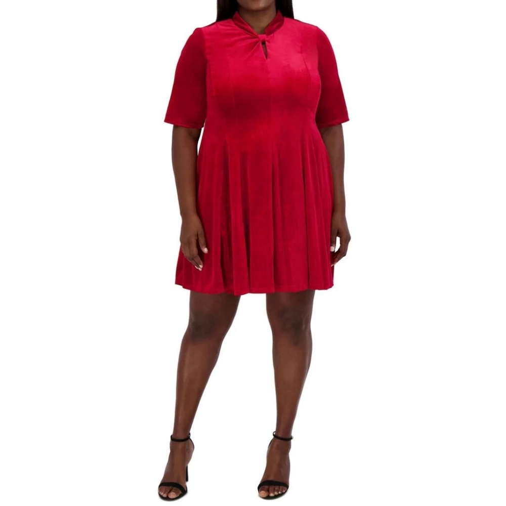 NWT Signature By Robbie Bee 2X Red Velvet Knee Length Fit & Flare Dress 2906-Bj